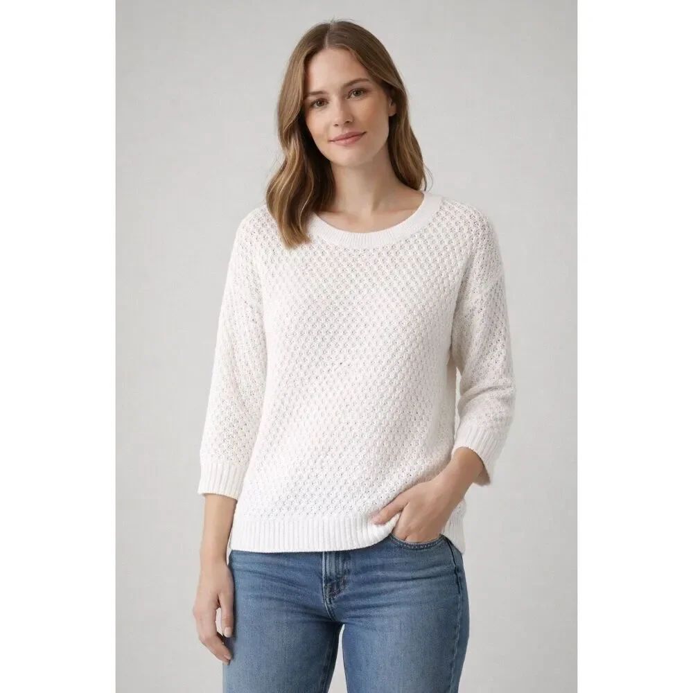 Athleta Womens Medium White Textured Knit Linen Blend Sweater Top